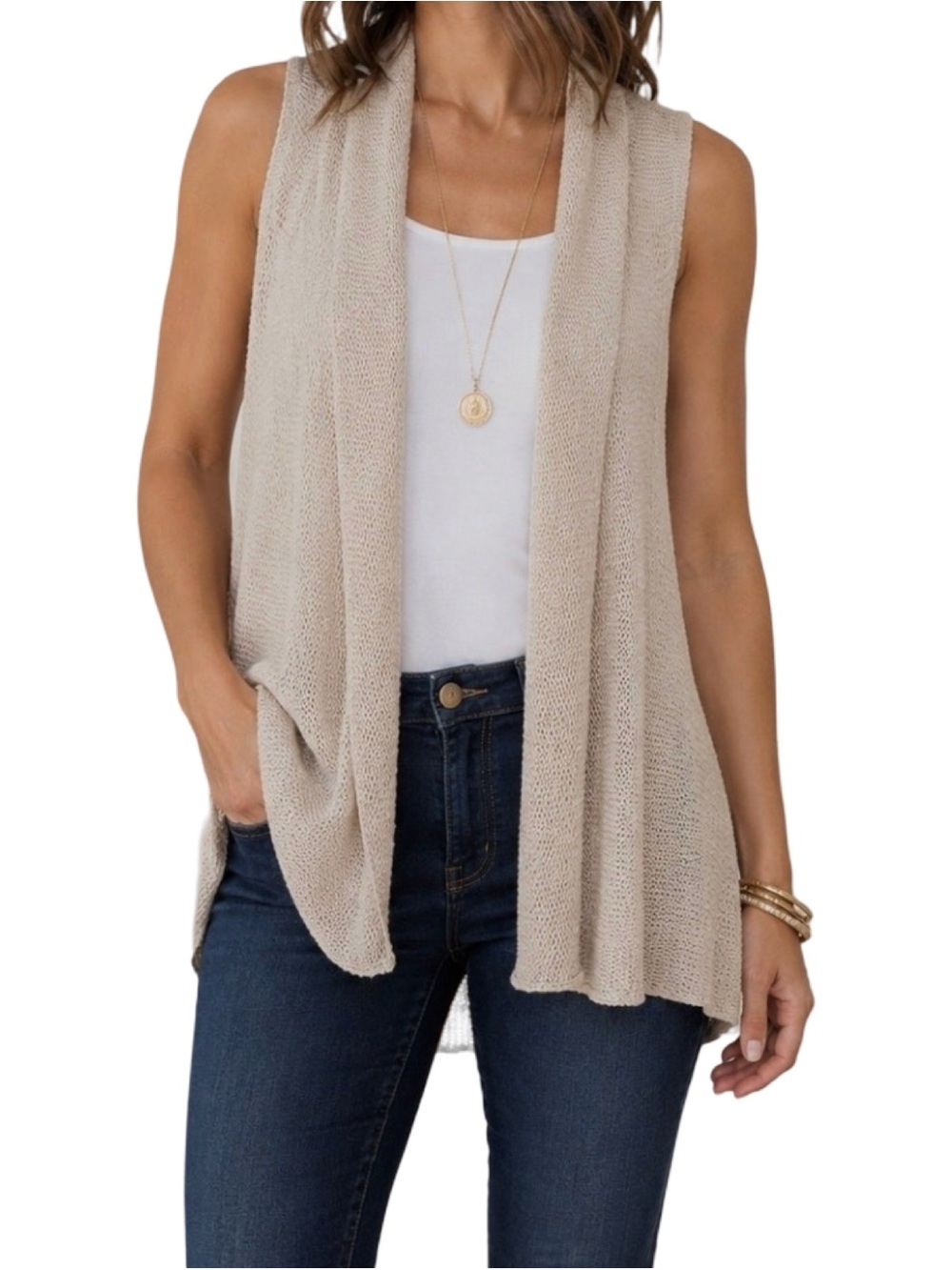 CAbi Women's Biege Linen Cotton Open Knit Sweater Vest XS Coastal Minimalist